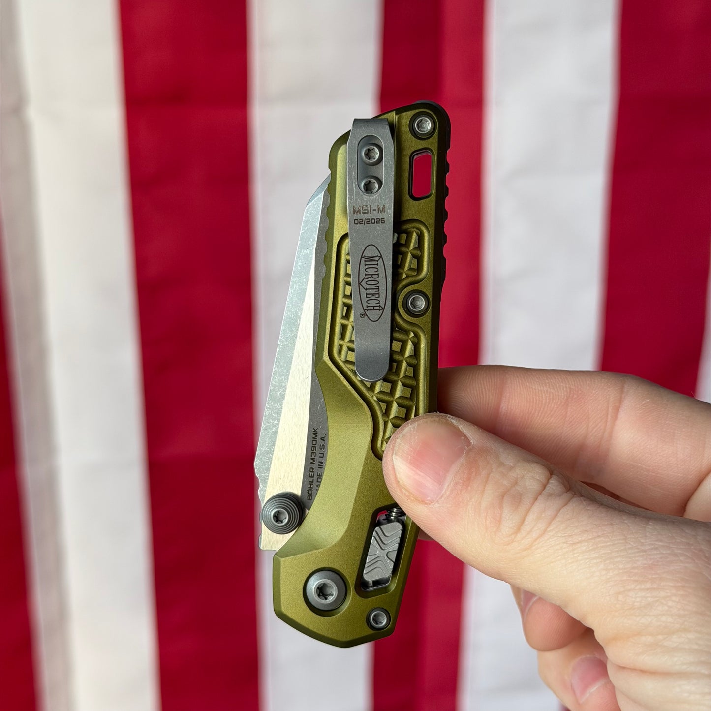 Microtech MSI Mini RAM-LOK Knife, OD Green Aluminum Frag Handle, Apocalyptic Finish, 3.25″ M390MK Blade, Made in USA (210M-10APFROD)