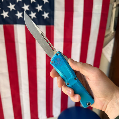 The Back Door: Combat Troodon Gen III S/E OTF Automatic Knife – Marbled Blue Aluminum Handle, 4″ Bohler M390MK (1143-10 MBL) (Used)