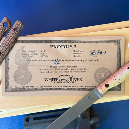 The Back Door: White River Knife & Tool Exodus 3 - S35VN, “Trout” Scales, 3.15″ Blade - Made in USA (Used)