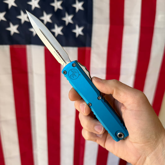 The Back Door: Ultratech Gen IV D/E OTF Automatic Knife – Blue Aluminum Handle, 3.5″ Stonewash Bohler M390MK Dagger Blade (MCT1122410BL) (Return)