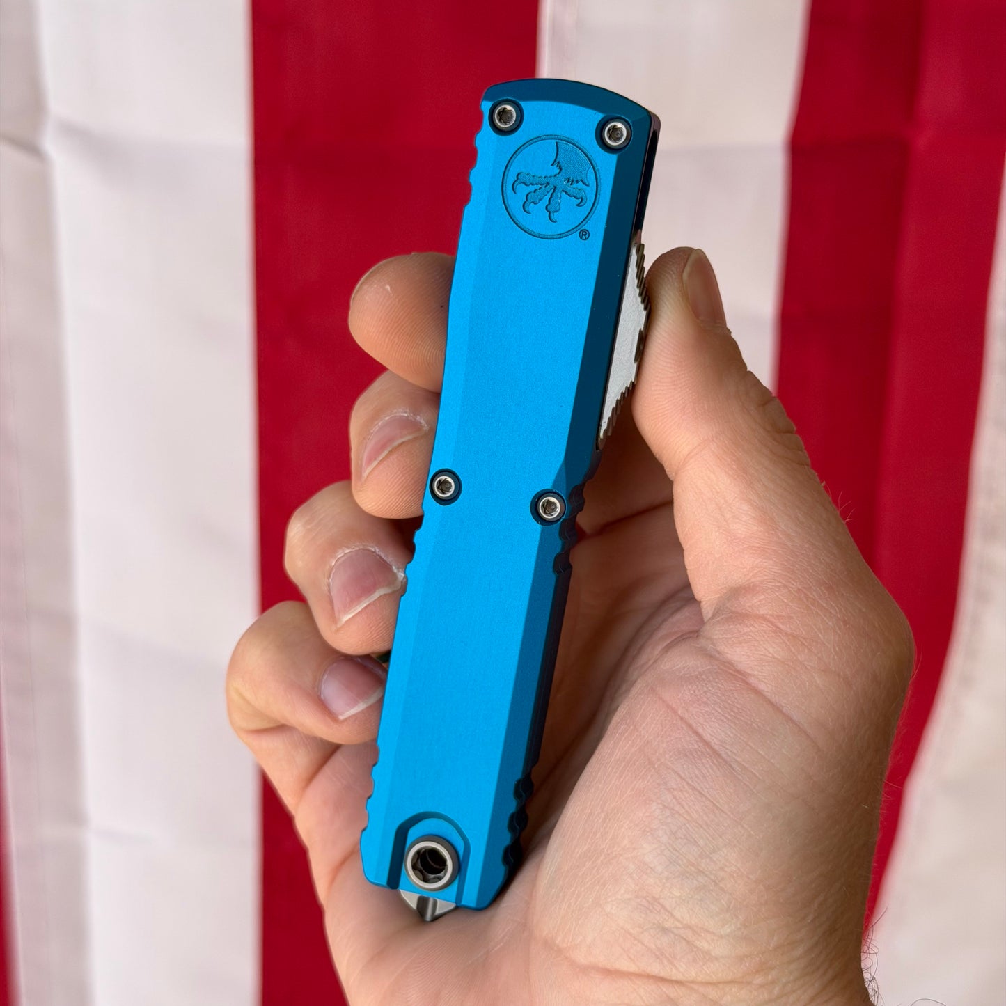 The Back Door: Ultratech Gen IV D/E OTF Automatic Knife – Blue Aluminum Handle, 3.5″ Stonewash Bohler M390MK Dagger Blade (MCT1122410BL) (Return)