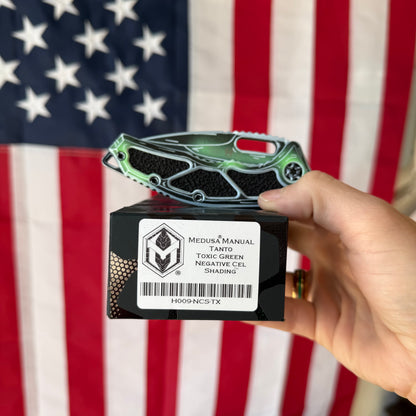 The Back Door: Heretic Medusa Manual Knife - Toxic Green Negative Cel Shade, 3″ MagnaCut Tanto, Cerakote Blade and Handle - Made in USA (H009-NCS-TX) (Return)