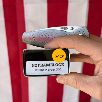 The Back Door: TRM Neutron 2 Frame Lock Knife - Rainbow Trout G10, 20CV Blade, Made in USA (Return)