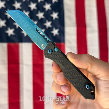 The Back Door: Heretic Jinn Auto - Metallic Teal Carbon Fiber, MagnaCut Wharncliffe - Made in USA (H113-MT-CF) (Trade In)