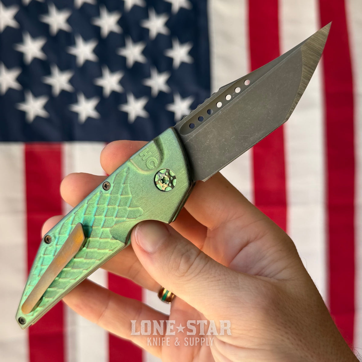 Hypercut MFG Dharma Automatic Serial 0218 - 3.2" S45VN Tanto, Green Dragon Scale Titanium - Made in USA (HC-DHARMA-AUTO-0218)
