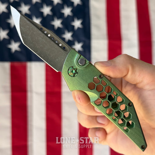 Hypercut MFG Dharma Automatic Serial 0235 - 3.2" S45VN Tanto, Green Honeycomb Titanium - Made in USA (HC-DHARMA-AUTO-0235)