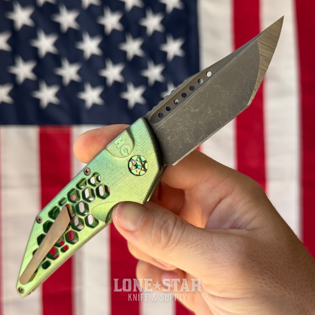 Hypercut MFG Dharma Automatic Serial 0235 - 3.2" S45VN Tanto, Green Honeycomb Titanium - Made in USA (HC-DHARMA-AUTO-0235)