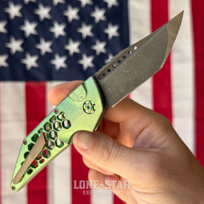 Hypercut MFG Dharma Automatic Serial 0235 - 3.2" S45VN Tanto, Green Honeycomb Titanium - Made in USA (HC-DHARMA-AUTO-0235)