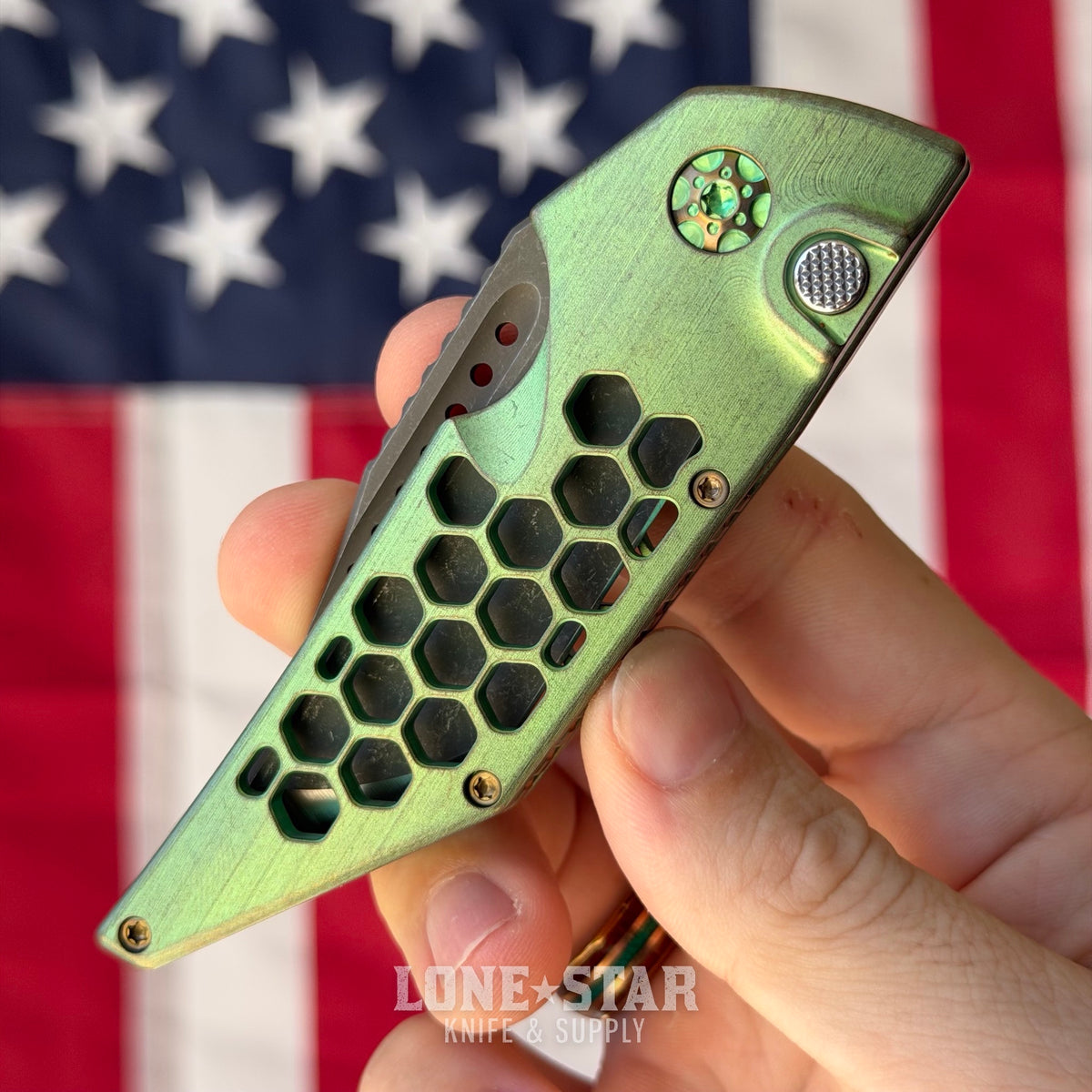 Hypercut MFG Dharma Automatic Serial 0235 - 3.2" S45VN Tanto, Green Honeycomb Titanium - Made in USA (HC-DHARMA-AUTO-0235)