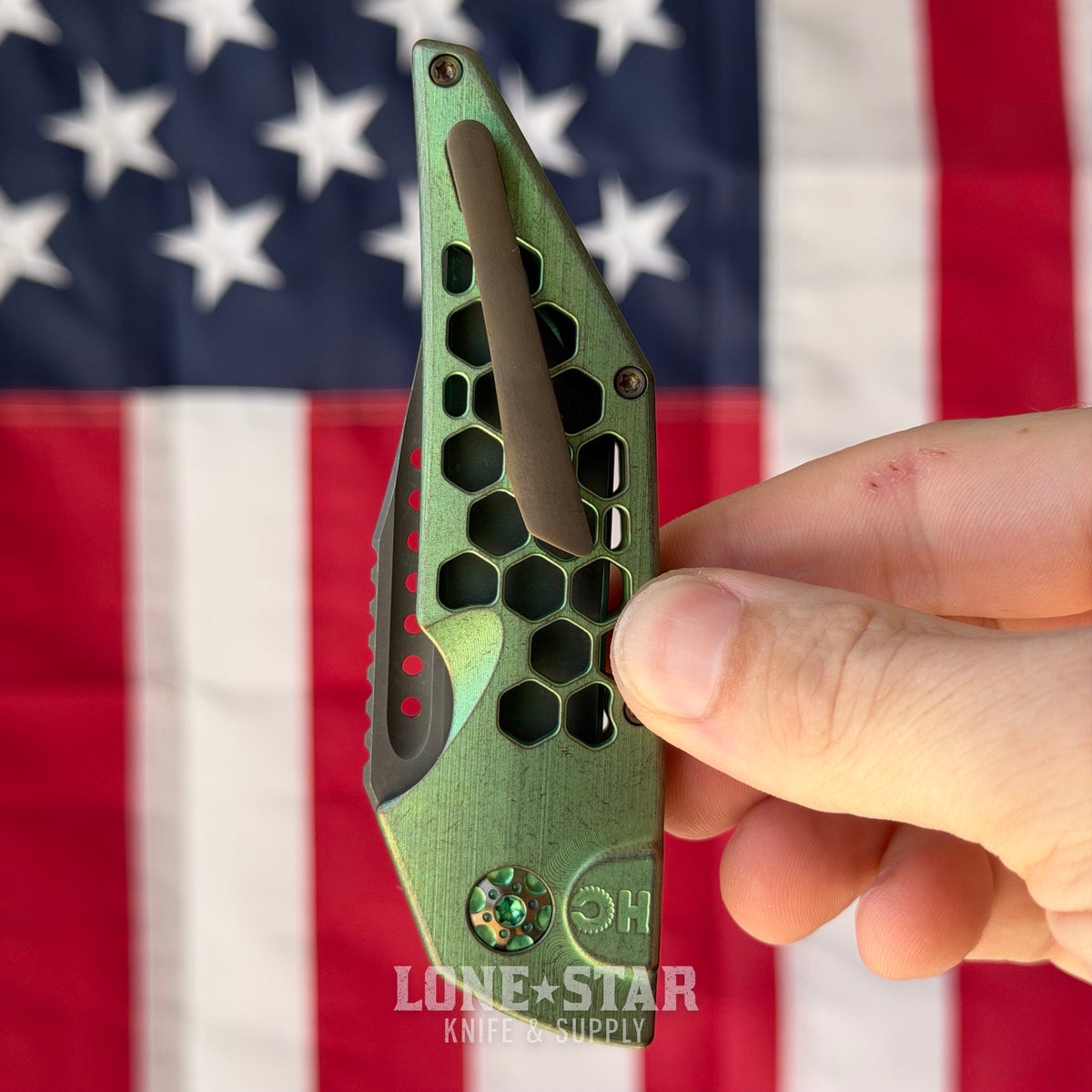 Hypercut MFG Dharma Automatic Serial 0235 - 3.2" S45VN Tanto, Green Honeycomb Titanium - Made in USA (HC-DHARMA-AUTO-0235)