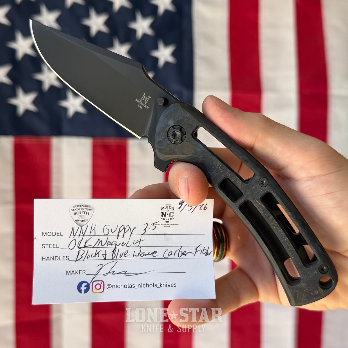 Nicholas Nichols Guppy 3.5 - 3.5" DLC MagnaCut, Black and Blue Weave Carbon Fiber, Full DLC Titanium Framelock - Made in USA (NN-GUPPY35-BLUWEAVE-DLC)