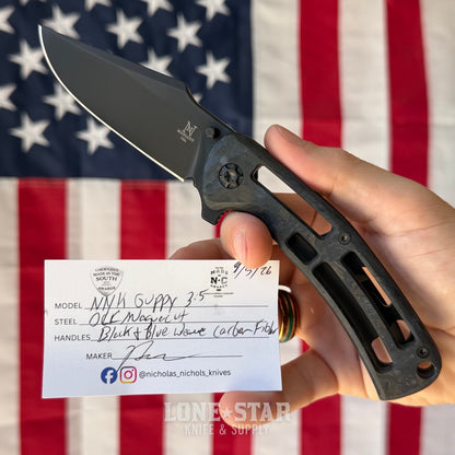 Nicholas Nichols Guppy 3.5 - 3.5" DLC MagnaCut, Black and Blue Weave Carbon Fiber, Full DLC Titanium Framelock - Made in USA (NN-GUPPY35-BLUWEAVE-DLC)
