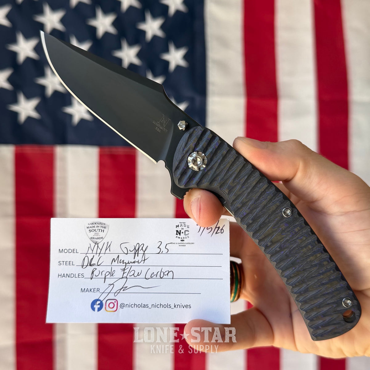 Nicholas Nichols Guppy 3.5 - 3.5" DLC MagnaCut, Purple Flow Carbon Fiber, Smooth Titanium Framelock - Made in USA (NN-GUPPY35-PURPFLOW)