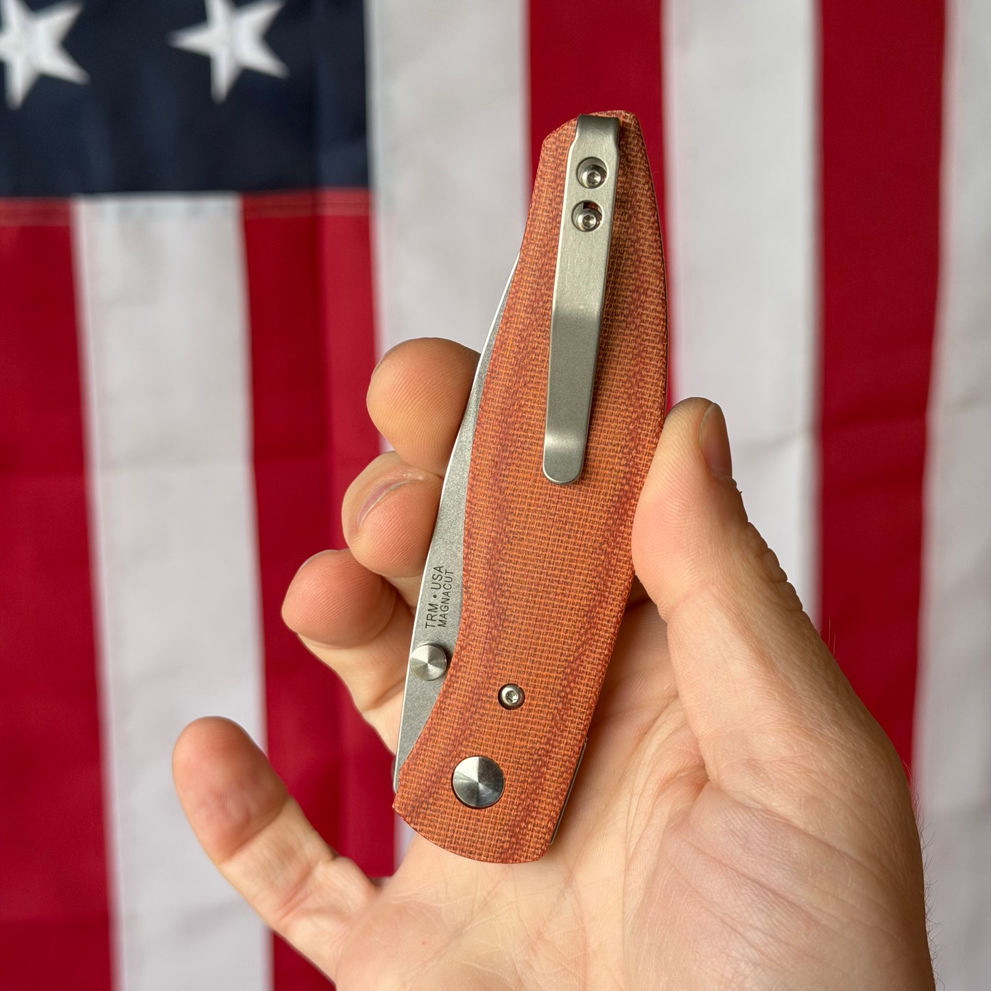 TRM ATOM LL Autumn Orange Micarta, 3.5″ MagnaCut Blade, Made in USA
