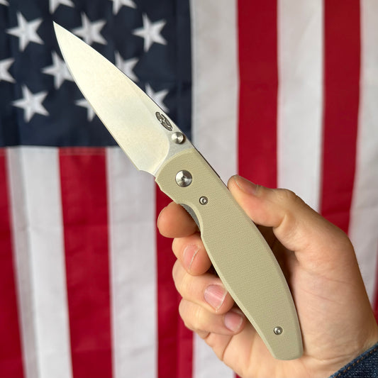 TRM Knives ATOM Linerlock Knife - Desert Tan G10 Flat Textured Scales, MagnaCut Blade - Made in USA (DLR-ATM-G10-FLT-DTN)
