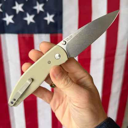 TRM Knives ATOM Linerlock Knife - Desert Tan G10 Flat Textured Scales, MagnaCut Blade - Made in USA (DLR-ATM-G10-FLT-DTN)
