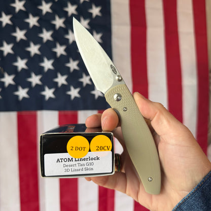 The Back Door: TRM ATOM LL - Desert Tan G10 3D Contoured Lizard Skin, MagnaCut Blade (Blemish)