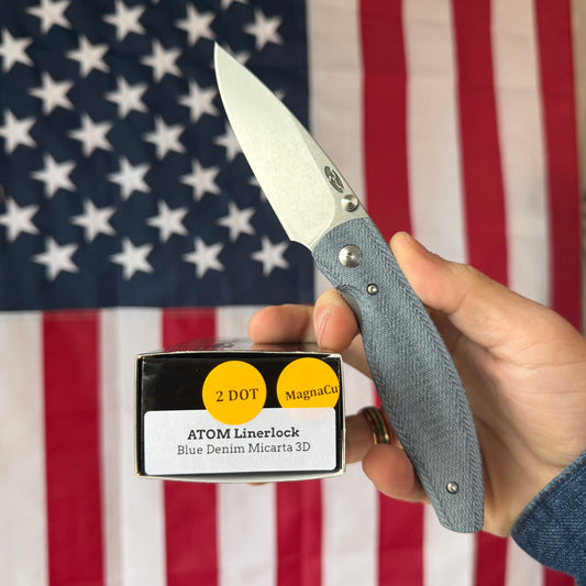 The Back Door: TRM ATOM LL - Blue Denim Micarta 3D Contoured Smooth, MagnaCut Blade (Blemish)