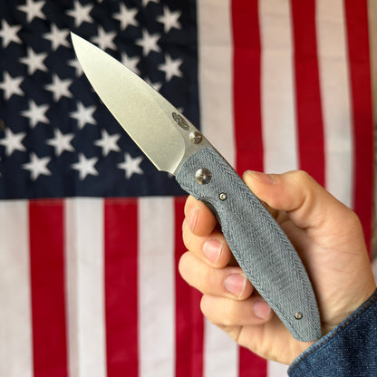 The Back Door: TRM ATOM LL - Blue Denim Micarta 3D Contoured Smooth, MagnaCut Blade (Blemish)