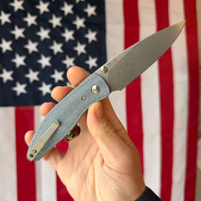 The Back Door: TRM ATOM LL - Blue Denim Micarta 3D Contoured Smooth, MagnaCut Blade (Blemish)