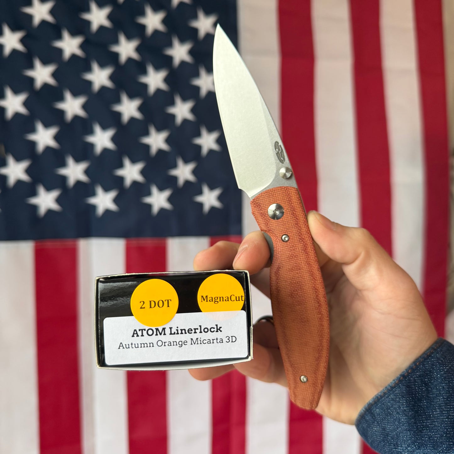 The Back Door: TRM ATOM LL - Autumn Orange Micarta 3D Contoured Smooth, MagnaCut Blade (Blemish)