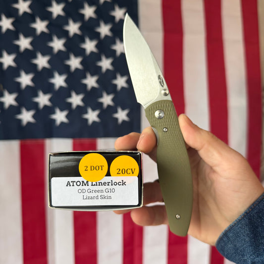 The Back Door: TRM ATOM LL - OD Green G10 3D Contoured Lizard Skin, 20CV Blade (Blemish)