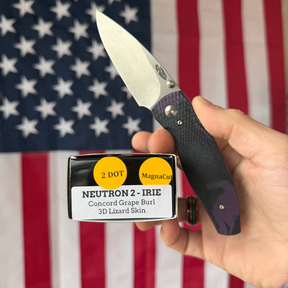 The Back Door: TRM Neutron 2 LL - Concord Grape Burl G10 3D Contoured Lizard Skin, Mike IRIE MagnaCut Blade (Blemish)