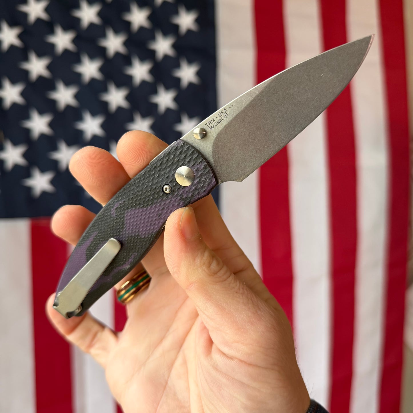 The Back Door: TRM Neutron 2 LL - Concord Grape Burl G10 3D Contoured Lizard Skin, Mike IRIE MagnaCut Blade (Blemish)