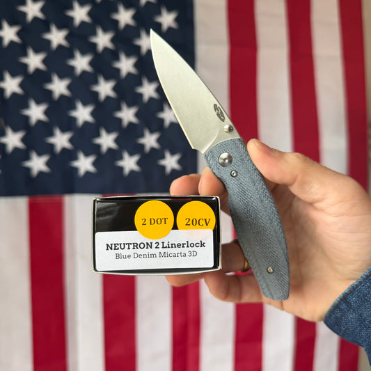 The Back Door: TRM Neutron 2 LL - Blue Denim Micarta 3D Contoured, 20CV Blade (Blemish)