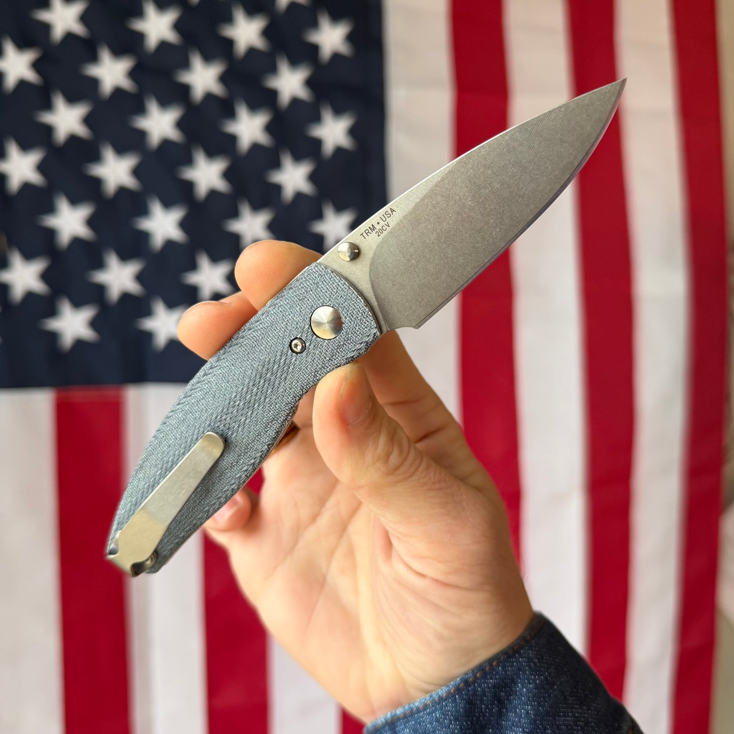 The Back Door: TRM Neutron 2 LL - Blue Denim Micarta 3D Contoured, 20CV Blade (Blemish)