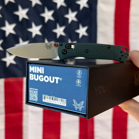 The Back Door: Benchmade Mini Bugout®, Taiga Green Grivory Handle, Tan ELMAX Blade, 2.82″, Made in USA (533TN-2601) (Return)