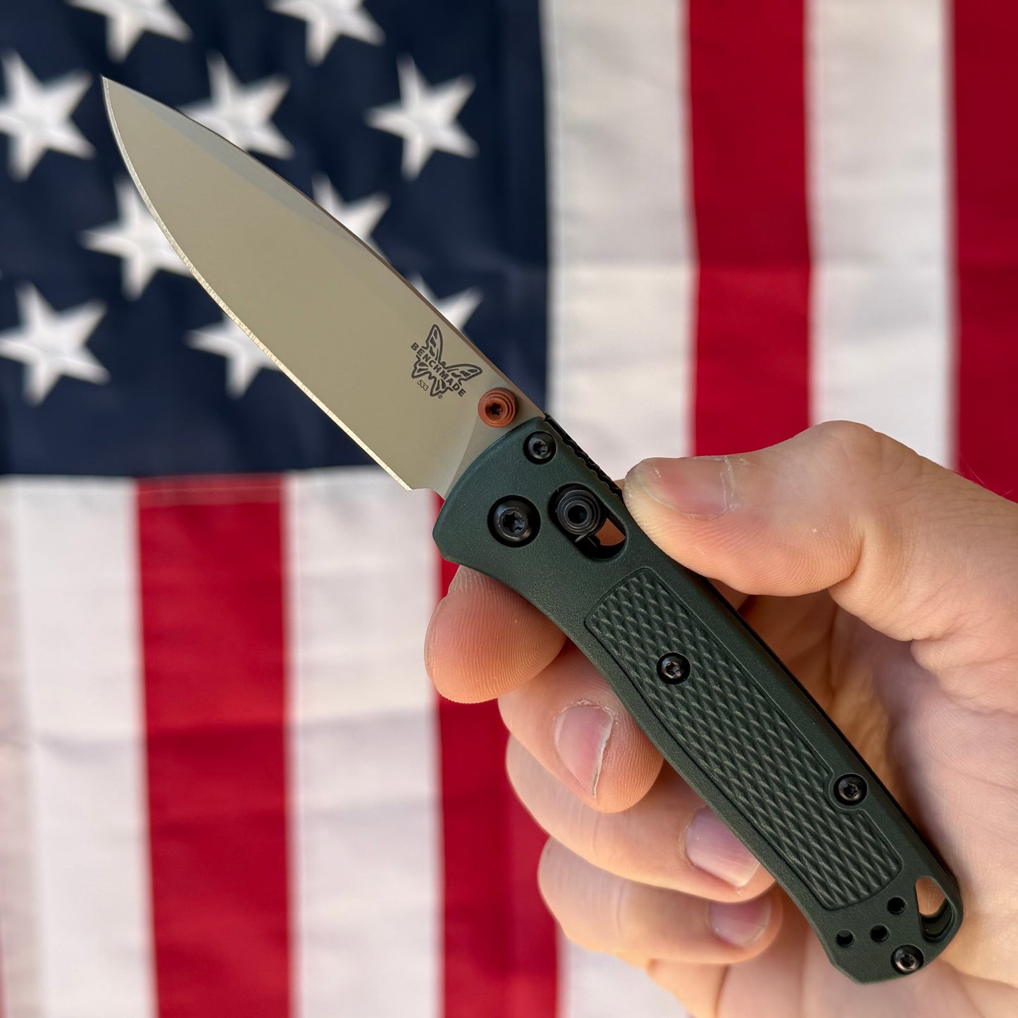 The Back Door: Benchmade Mini Bugout®, Taiga Green Grivory Handle, Tan ELMAX Blade, 2.82″, Made in USA (533TN-2601) (Return)