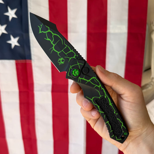 The Back Door: Heretic Pariah Toxic Magma Green Aluminum 3.75 inch MagnaCut Automatic Button Lock Knife – Made in USA (H048MAGTX) (Blem)