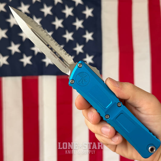 The Back Door: Microtech Combat Troodon Gen III D/E OTF Auto - 4" M390MK Blue Stonewash, Fully Serrated - Made in USA (1142-12BL) (Trade In)