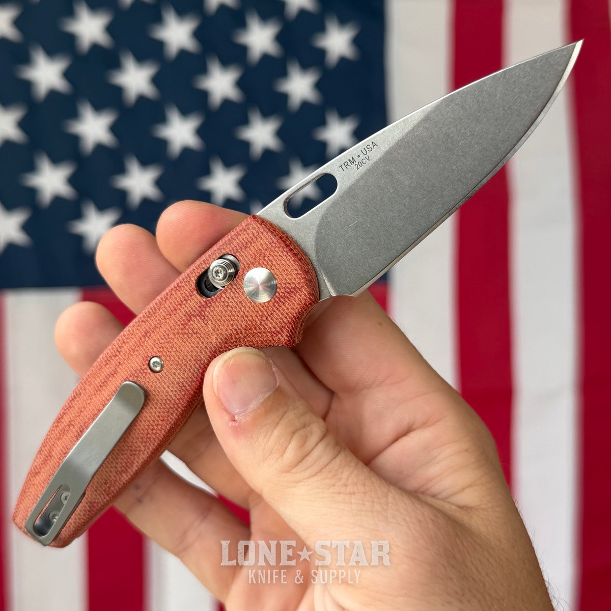 The Back Door: TRM BULLDOG Rev A - 3.2" CPM 20CV, Autumn Orange Micarta - Made in USA (Trade In)