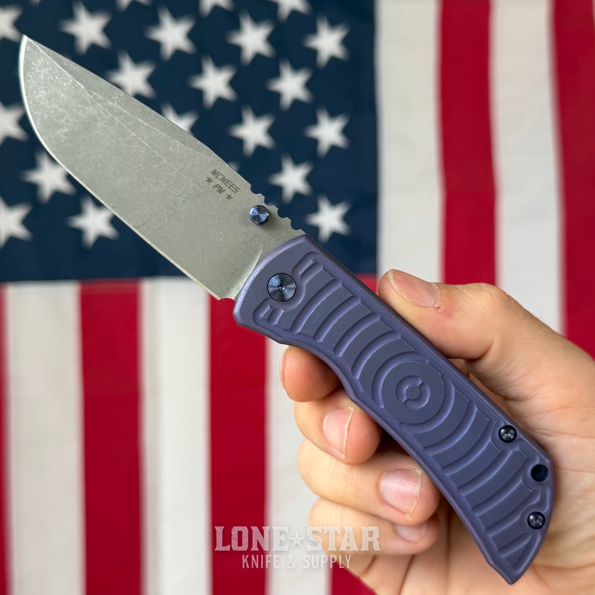 The Back Door: McNees PM Mac 2 3.5" Drop Point - MagnaCut Flat Grind, Shockwave Milled Titanium, Violet and Blue - Made in USA (Trade In)