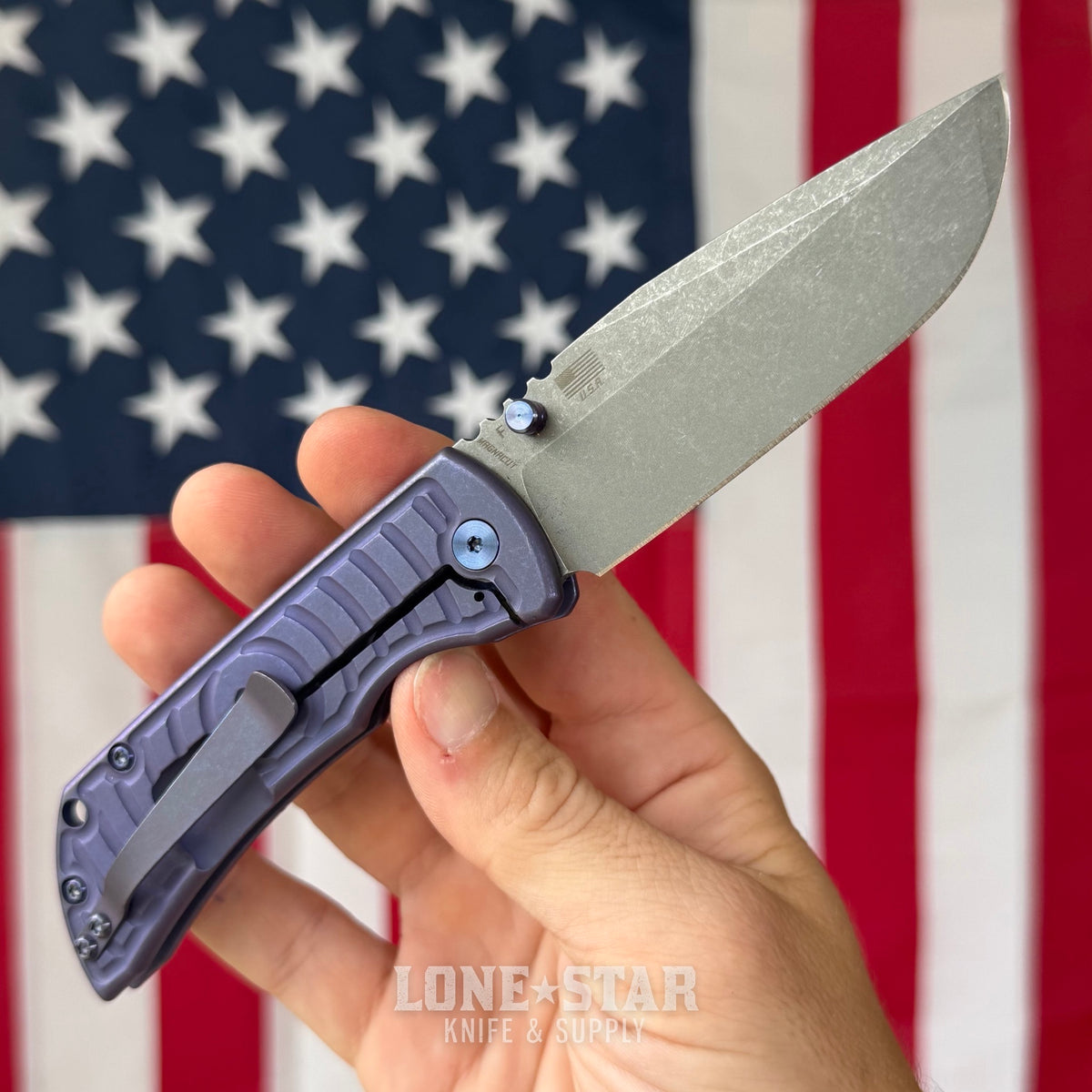 The Back Door: McNees PM Mac 2 3.5" Drop Point - MagnaCut Flat Grind, Shockwave Milled Titanium, Violet and Blue - Made in USA (Trade In)
