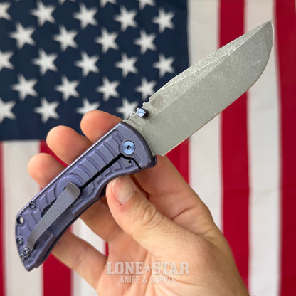 The Back Door: McNees PM Mac 2 3.5" Drop Point - MagnaCut Flat Grind, Shockwave Milled Titanium, Violet and Blue - Made in USA (Trade In)