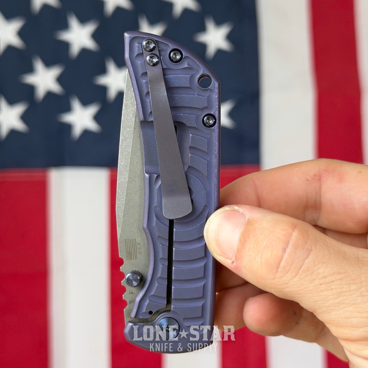 The Back Door: McNees PM Mac 2 3.5" Drop Point - MagnaCut Flat Grind, Shockwave Milled Titanium, Violet and Blue - Made in USA (Trade In)