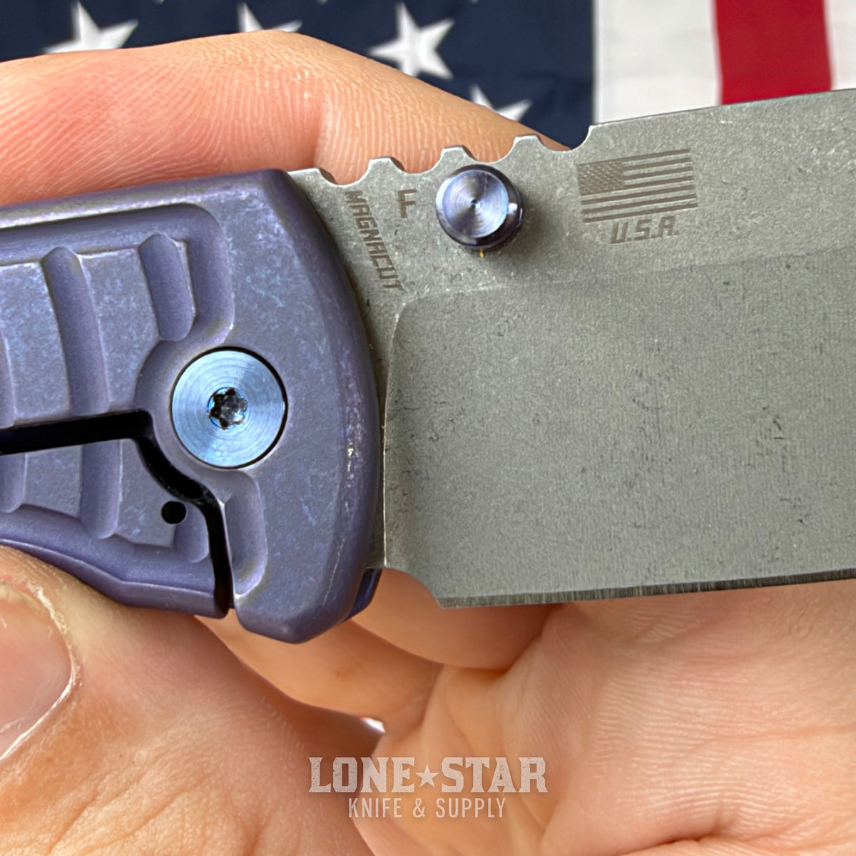 The Back Door: McNees PM Mac 2 3.5" Drop Point - MagnaCut Flat Grind, Shockwave Milled Titanium, Violet and Blue - Made in USA (Trade In)