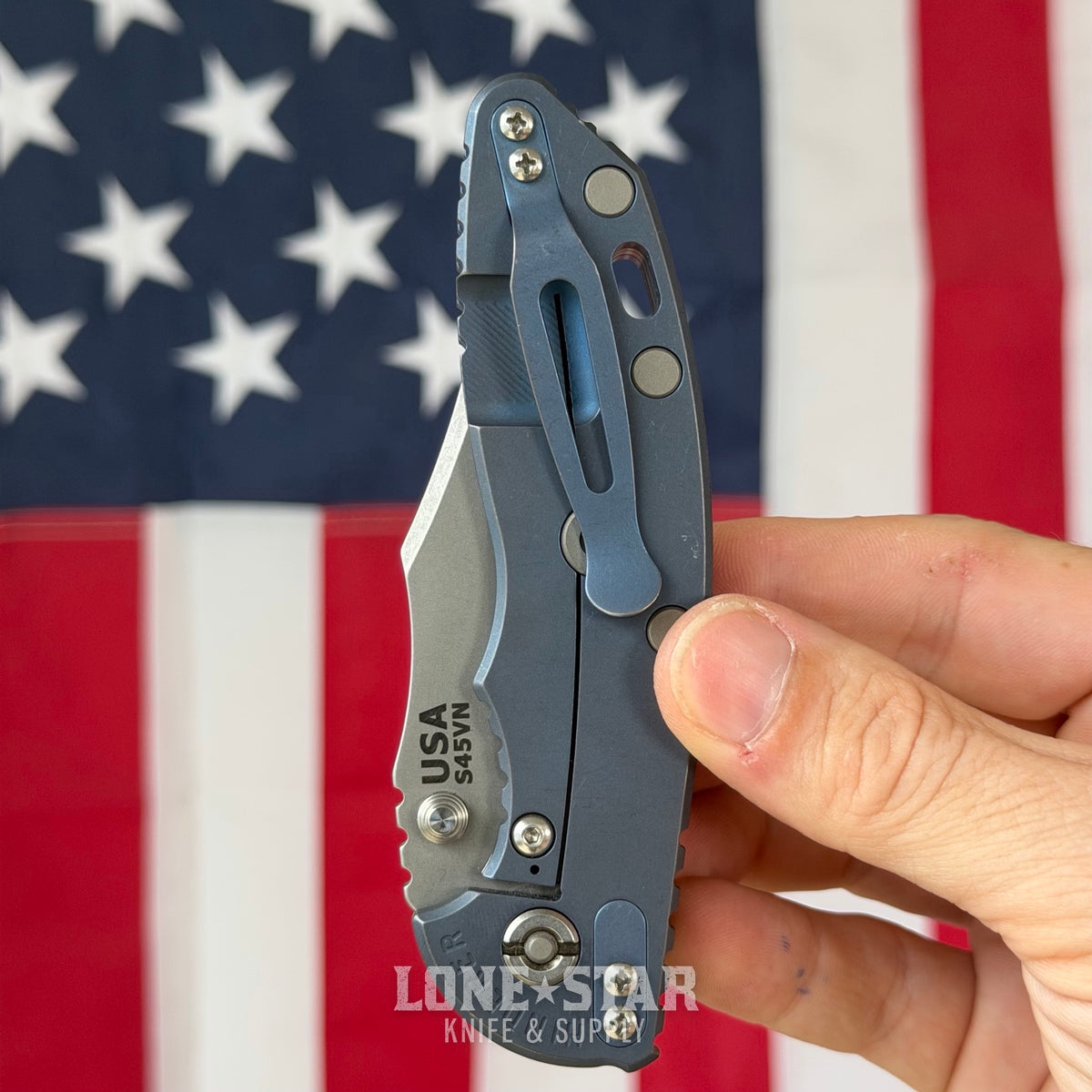 The Back Door: Hinderer XM-18 Non-Flipper Bowie - 3.5" S45VN, Full Titanium, Battle Blue - Made in USA (Trade In)