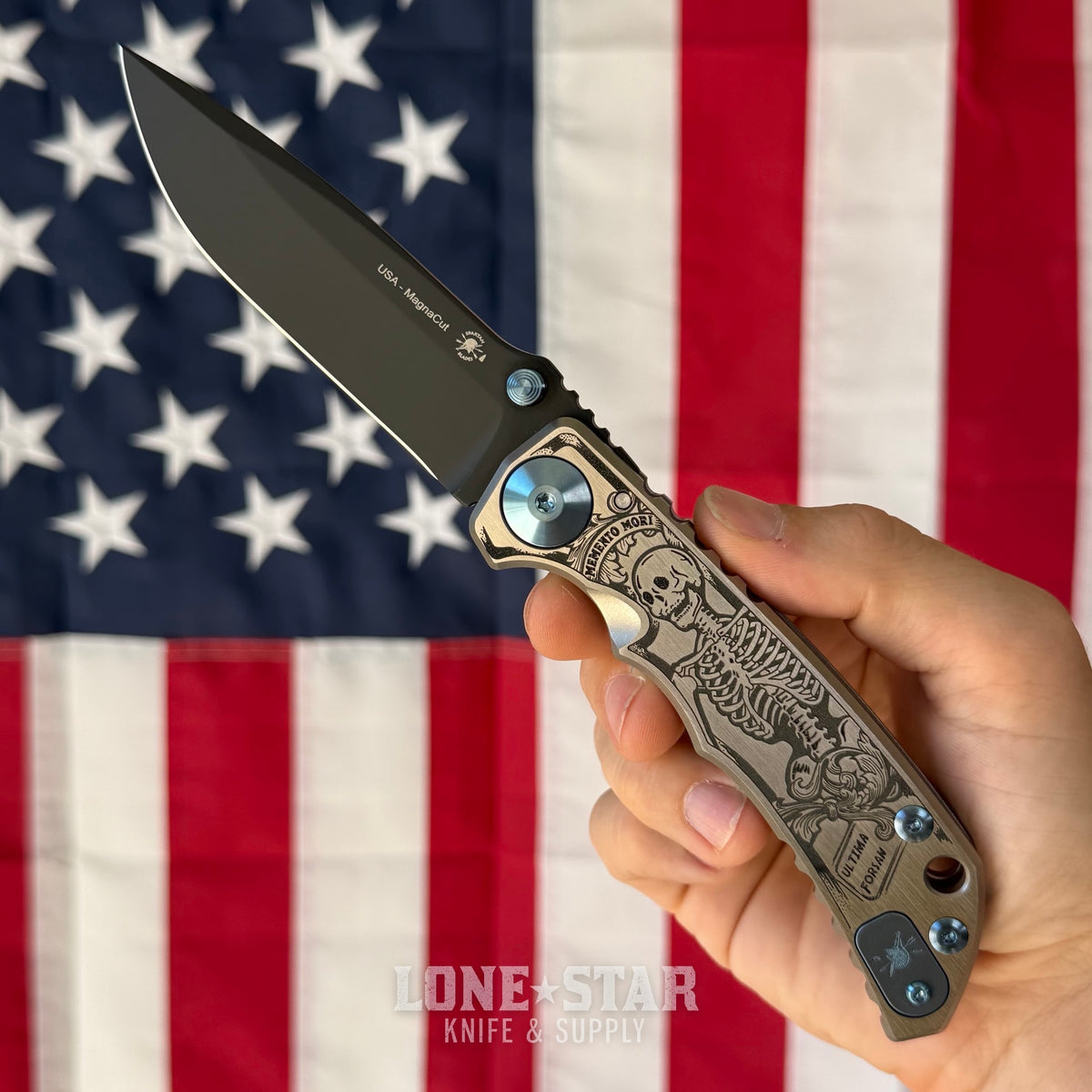Spartan Blades Harsey Folder SHF - Memento Mori Special Edition, Engraved Skeleton, Black PVD MagnaCut, Blue Hardware - Made in USA (SF5MMORI)