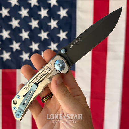 Spartan Blades Harsey Folder SHF - Memento Mori Special Edition, Engraved Skeleton, Black PVD MagnaCut, Blue Hardware - Made in USA (SF5MMORI)