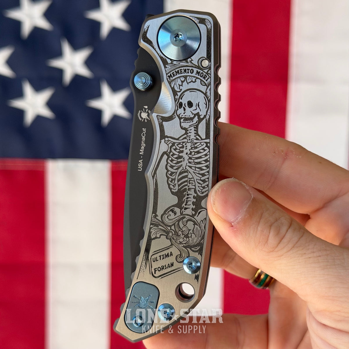 Spartan Blades Harsey Folder SHF - Memento Mori Special Edition, Engraved Skeleton, Black PVD MagnaCut, Blue Hardware - Made in USA (SF5MMORI)