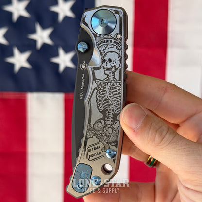 Spartan Blades Harsey Folder SHF - Memento Mori Special Edition, Engraved Skeleton, Black PVD MagnaCut, Blue Hardware - Made in USA (SF5MMORI)