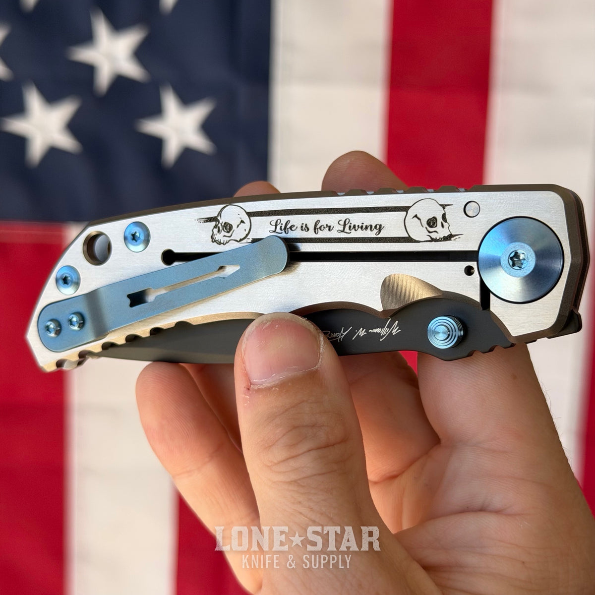 Spartan Blades Harsey Folder SHF - Memento Mori Special Edition, Engraved Skeleton, Black PVD MagnaCut, Blue Hardware - Made in USA (SF5MMORI)