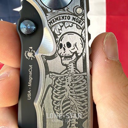 Spartan Blades Harsey Folder SHF - Memento Mori Special Edition, Engraved Skeleton, Black PVD MagnaCut, Blue Hardware - Made in USA (SF5MMORI)
