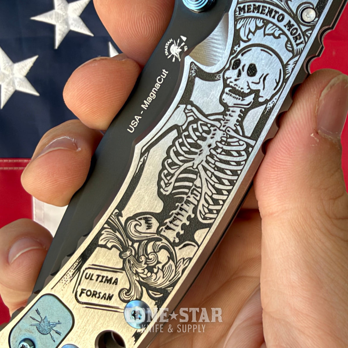 Spartan Blades Harsey Folder SHF - Memento Mori Special Edition, Engraved Skeleton, Black PVD MagnaCut, Blue Hardware - Made in USA (SF5MMORI)