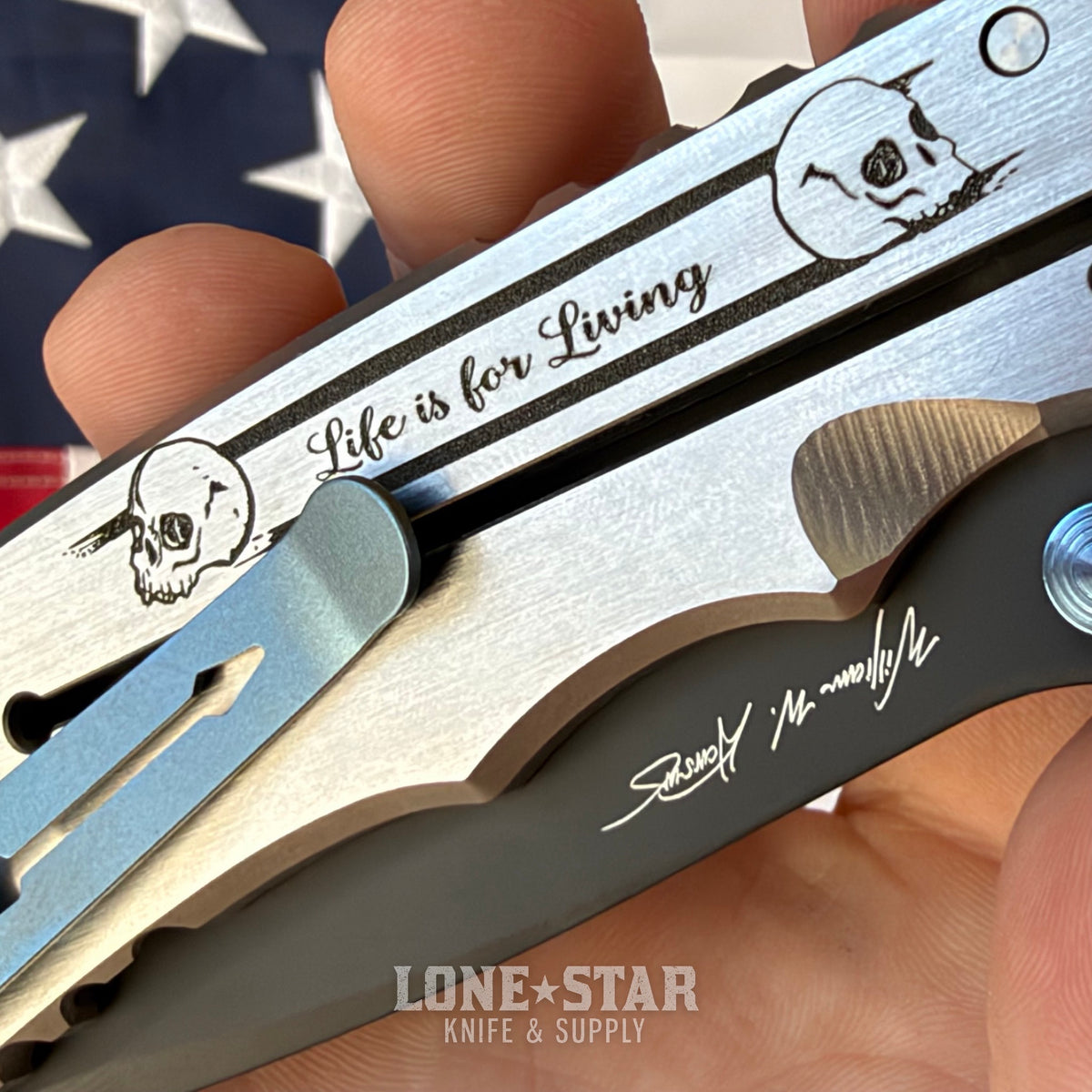 Spartan Blades Harsey Folder SHF - Memento Mori Special Edition, Engraved Skeleton, Black PVD MagnaCut, Blue Hardware - Made in USA (SF5MMORI)