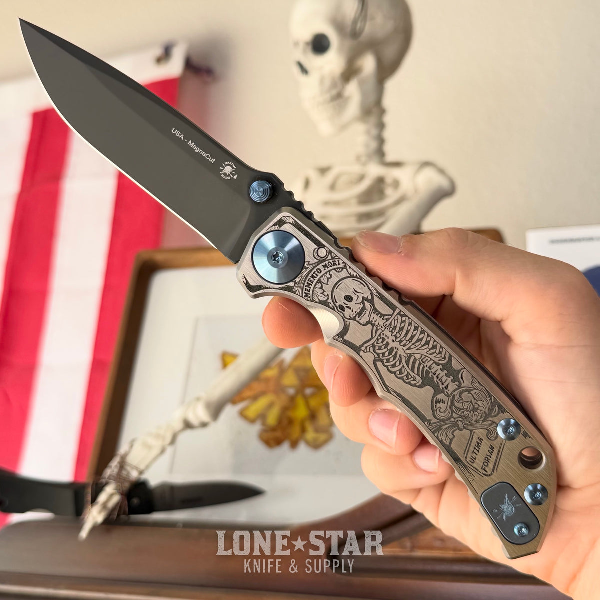 Spartan Blades Harsey Folder SHF - Memento Mori Special Edition, Engraved Skeleton, Black PVD MagnaCut, Blue Hardware - Made in USA (SF5MMORI)